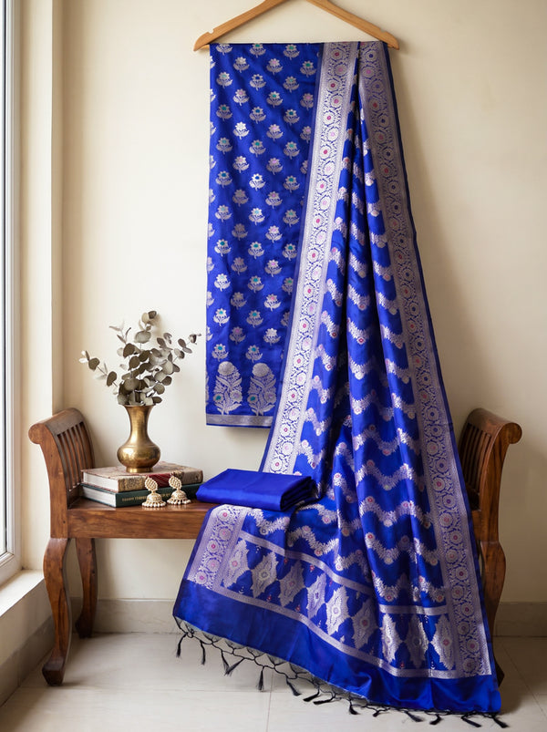 Banarasee Semi Katan Zari Work Salwar Kameez Fabric With Dupatta Set-Navy Blue