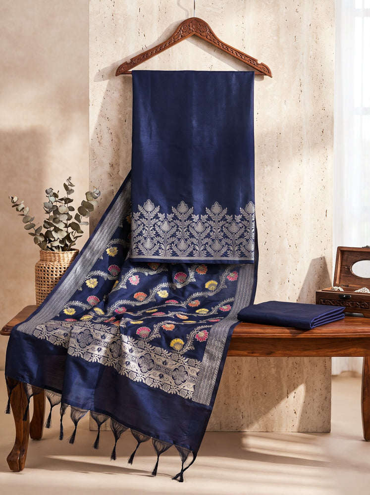 Banarasee Semi Katan Zari Work Salwar Kameez Fabric With Dupatta Set-Navy Blue