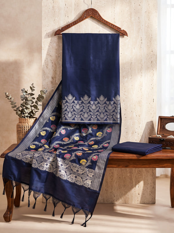 Banarasee Semi Katan Zari Work Salwar Kameez Fabric With Dupatta Set-Navy Blue