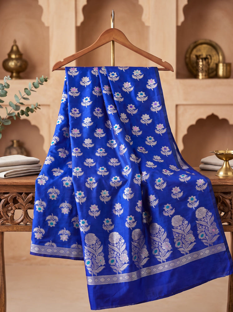 Banarasee Semi Katan Zari Work Salwar Kameez Fabric With Dupatta Set-Navy Blue
