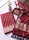 Banarasee Semi Katan Zari Work Salwar Kameez Fabric With Dupatta Set-Maroon