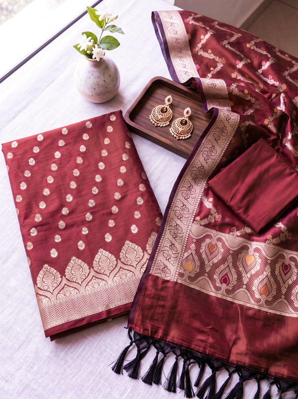 Banarasee Semi Katan Zari Work Salwar Kameez Fabric With Dupatta Set-Maroon