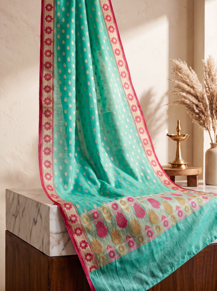 Banarasee Cotton Resham Work Salwar Kameez Fabric With Dupatta Set-Sea Green