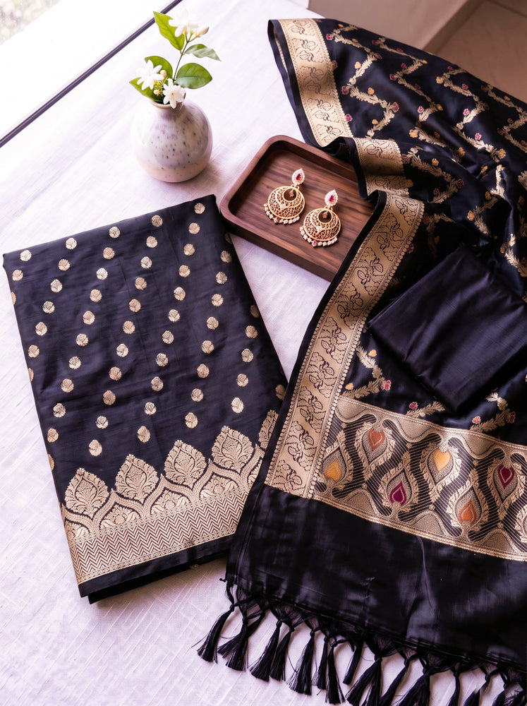 Banarasee Semi Katan Zari Work Salwar Kameez Fabric With Dupatta Set-Black