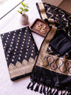 Banarasee Semi Katan Zari Work Salwar Kameez Fabric With Dupatta Set-Black