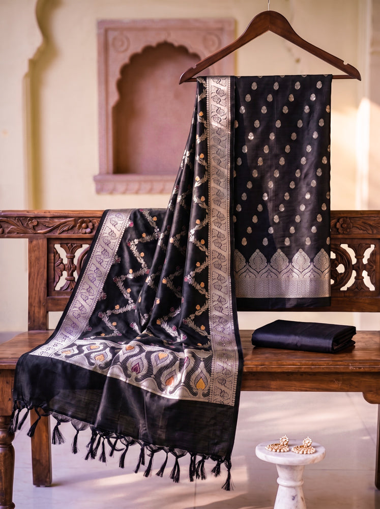 Banarasee Semi Katan Zari Work Salwar Kameez Fabric With Dupatta Set-Black