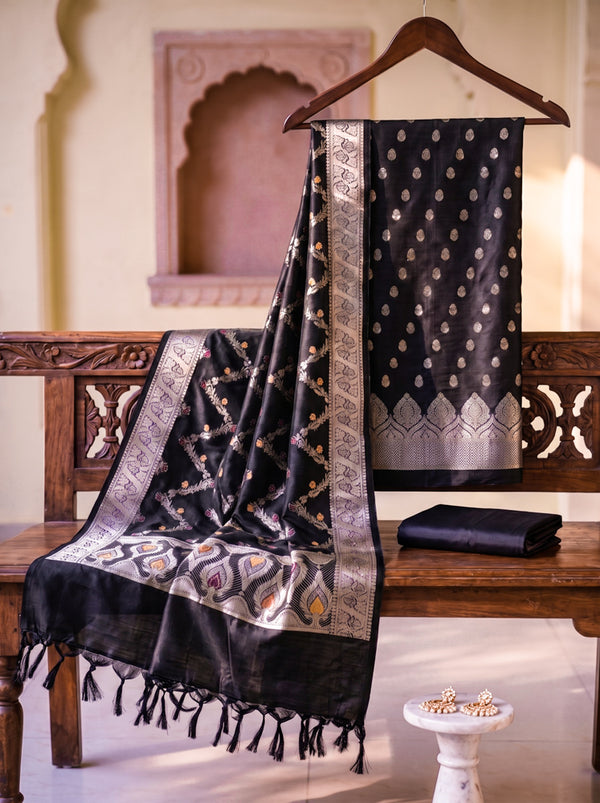 Banarasee Semi Katan Zari Work Salwar Kameez Fabric With Dupatta Set-Black