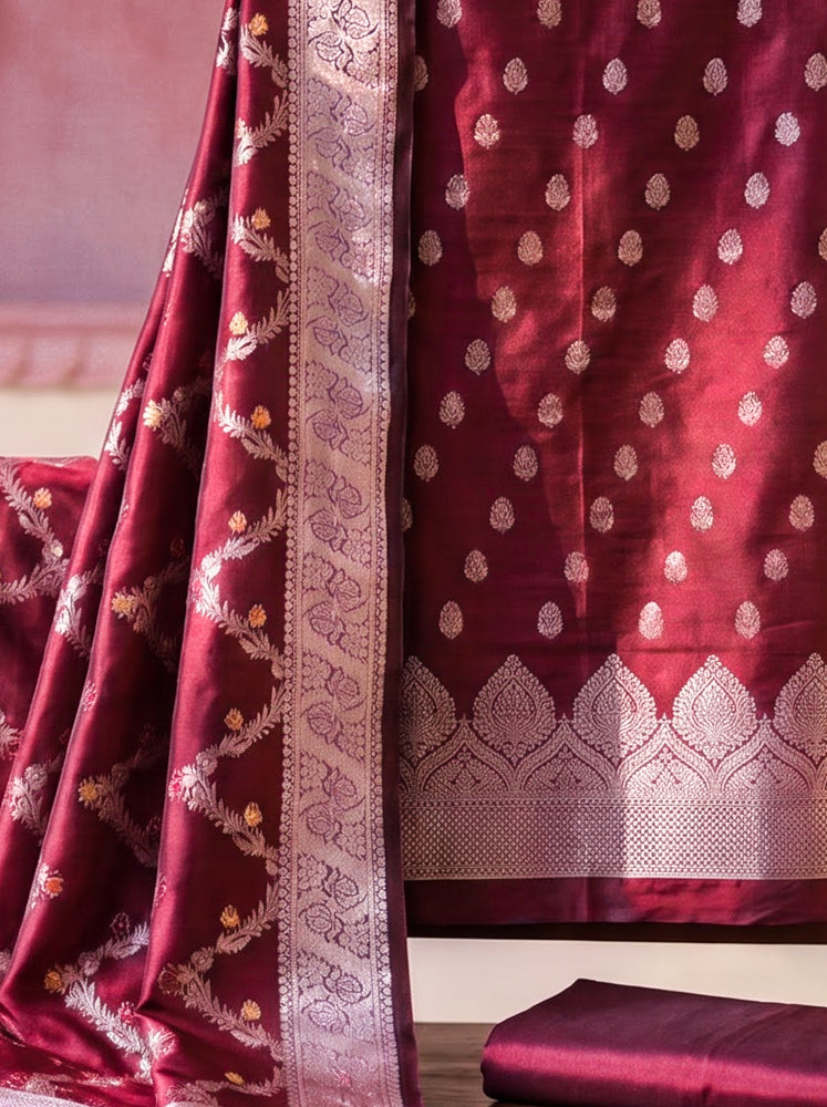 Banarasee Semi Katan Zari Work Salwar Kameez Fabric With Dupatta Set-Maroon