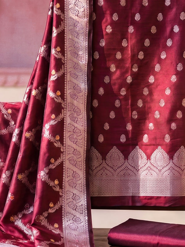 Banarasee Semi Katan Zari Work Salwar Kameez Fabric With Dupatta Set-Maroon