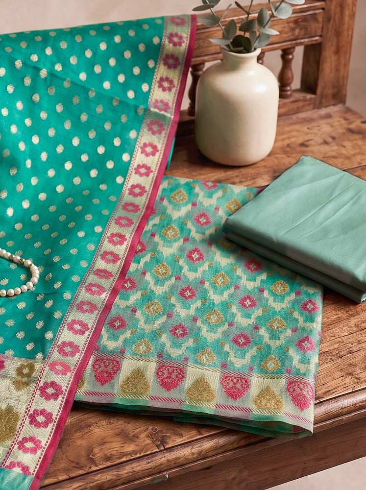 Banarasee Cotton Resham Work Salwar Kameez Fabric With Dupatta Set-Sea Green