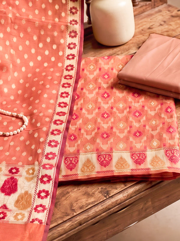 Banarasee Cotton Resham Work Salwar Kameez Fabric With Dupatta Set-Peach
