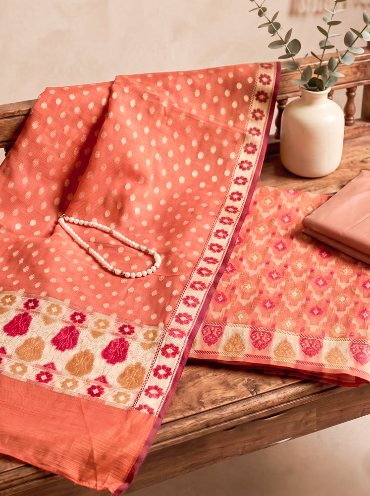 Banarasee Cotton Resham Work Salwar Kameez Fabric With Dupatta Set-Peach