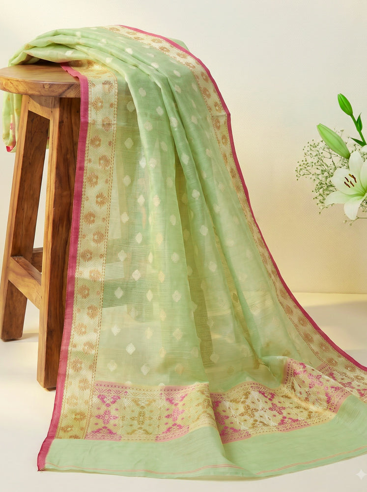 Banarasee Cotton Resham Work Salwar Kameez Fabric With Dupatta Set-Light Green