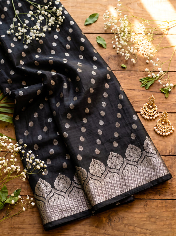 Banarasee Semi Katan Zari Work Salwar Kameez Fabric With Dupatta Set-Black