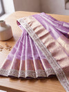Banarasee Handwoven Tissue Saree With Floral Zari Border & Mirror Work Lace–Onion Pink
