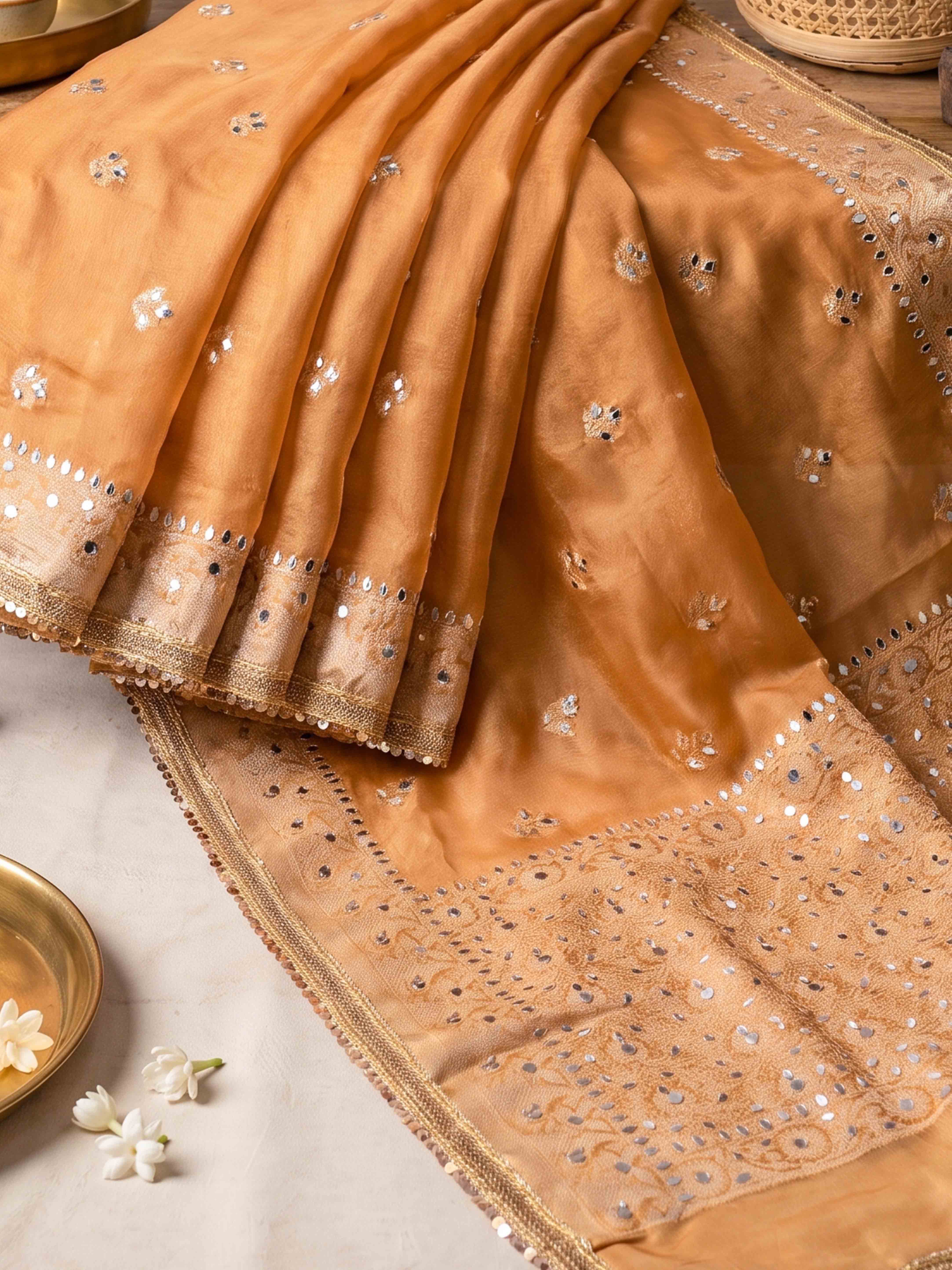 Banarasee Tissue Hand Embroidered Mirror Work Saree-Rust Orange