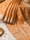 Banarasee Tissue Hand Embroidered Mirror Work Saree-Rust Orange