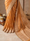 Banarasee Tissue Hand Embroidered Mirror Work Saree-Rust Orange