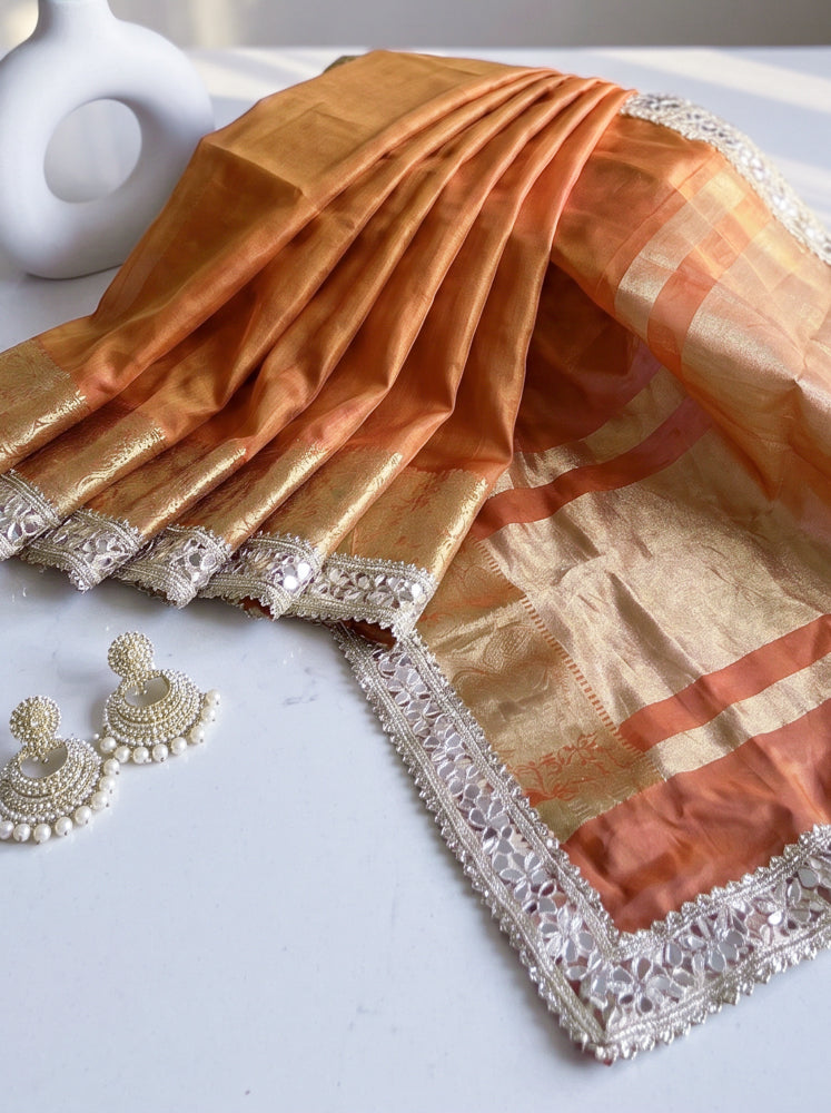 Banarasee Handwoven Tissue Saree With Floral Zari Border & Mirror Work Lace–Peach
