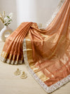 Banarasee Handwoven Tissue Saree With Floral Zari Border & Mirror Work Lace–Peach