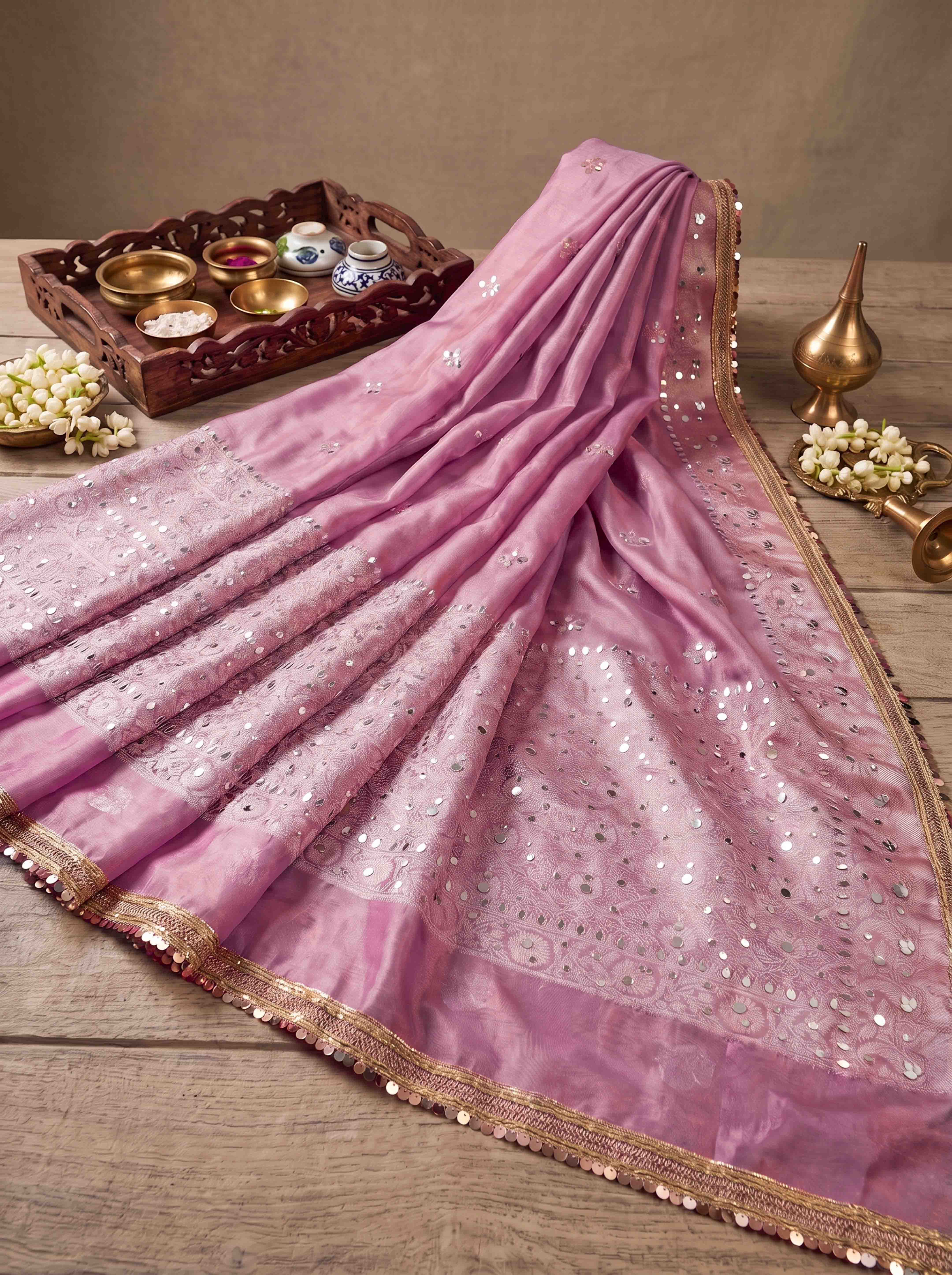 Banarasee Tissue Hand Embroidered Mirror Work Saree-Light Pink