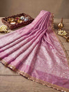 Banarasee Tissue Hand Embroidered Mirror Work Saree-Light Pink