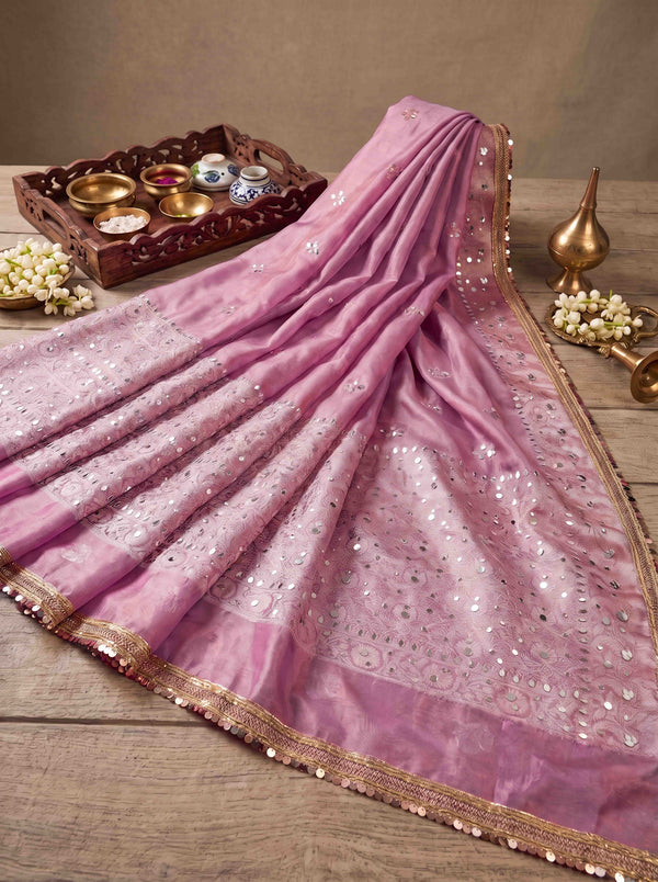 Banarasee Tissue Hand Embroidered Mirror Work Saree-Light Pink