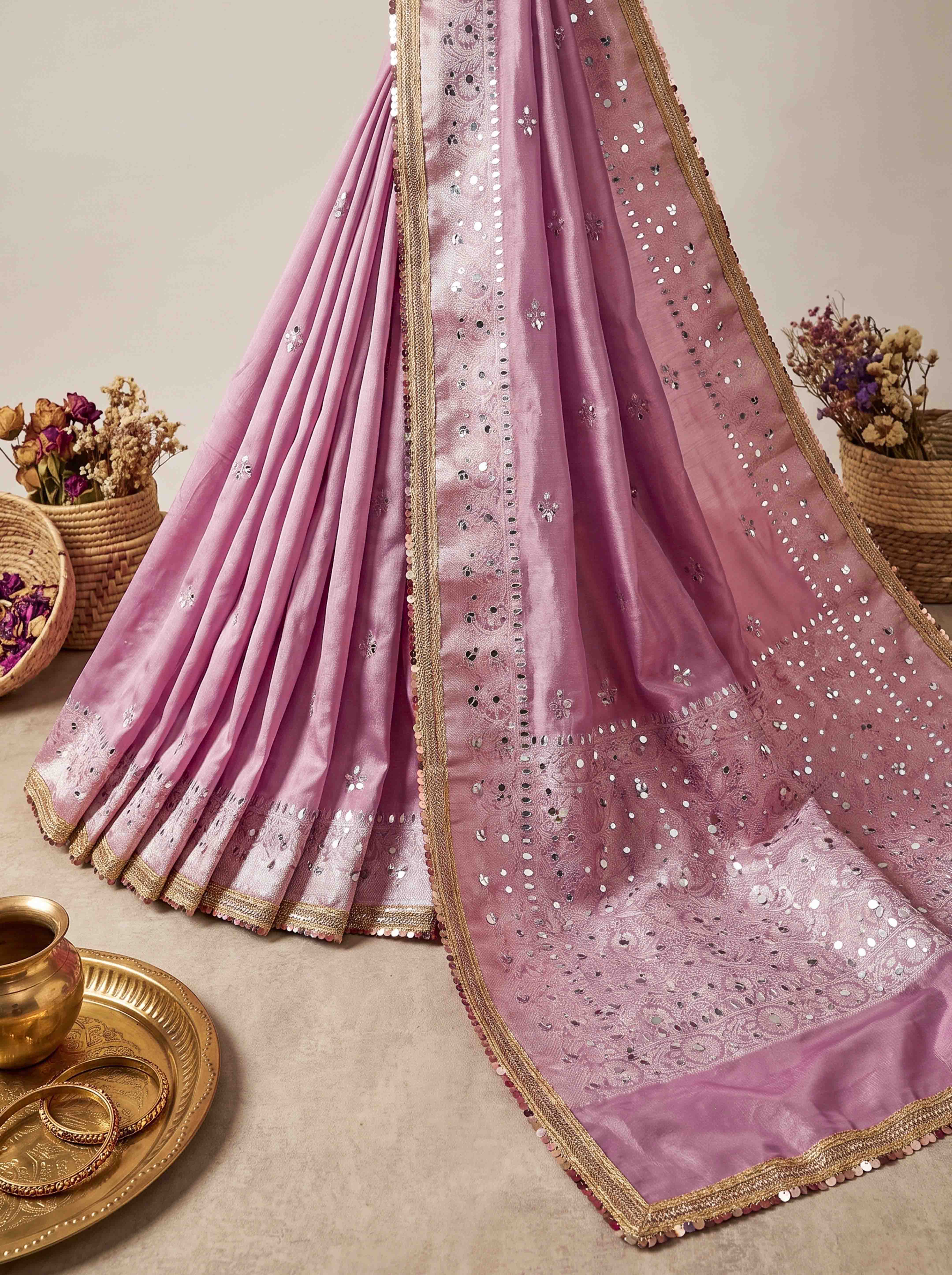 Banarasee Tissue Hand Embroidered Mirror Work Saree-Light Pink