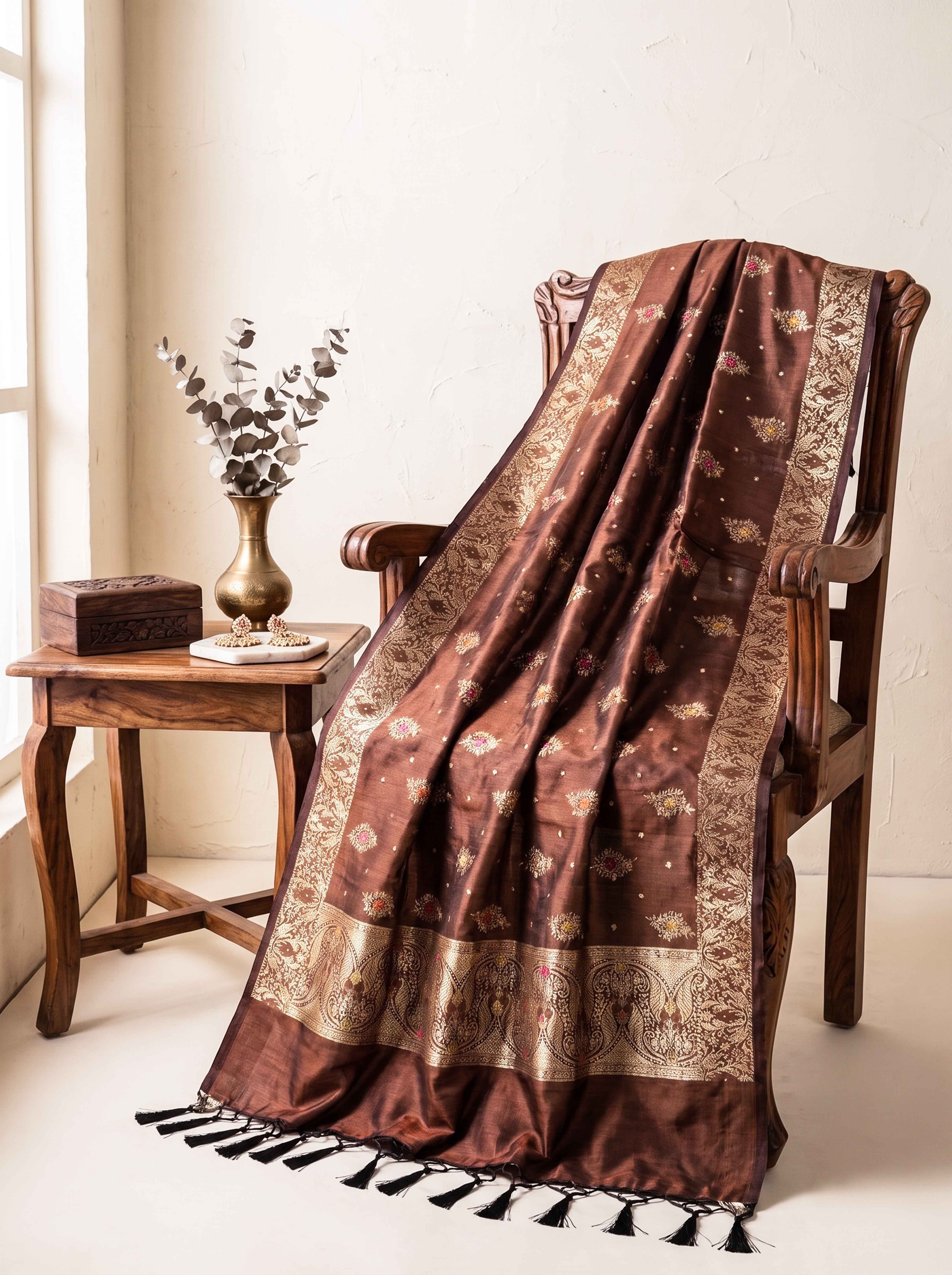 Banarasee Semi Katan Zari Work Salwar Kameez Fabric With Dupatta Set-Brown