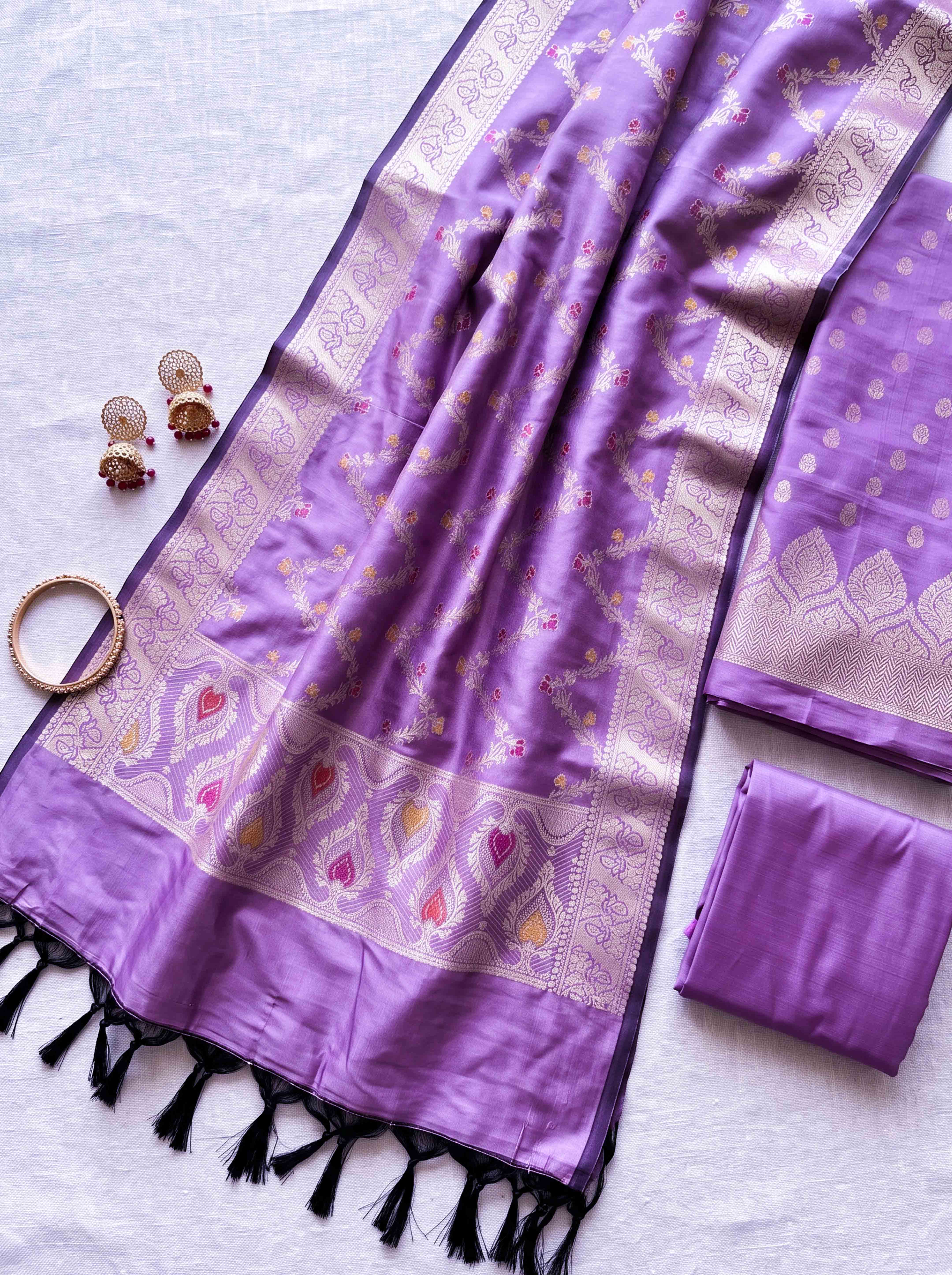 Banarasee Semi Katan Zari Work Salwar Kameez Fabric With Dupatta Set-Violet
