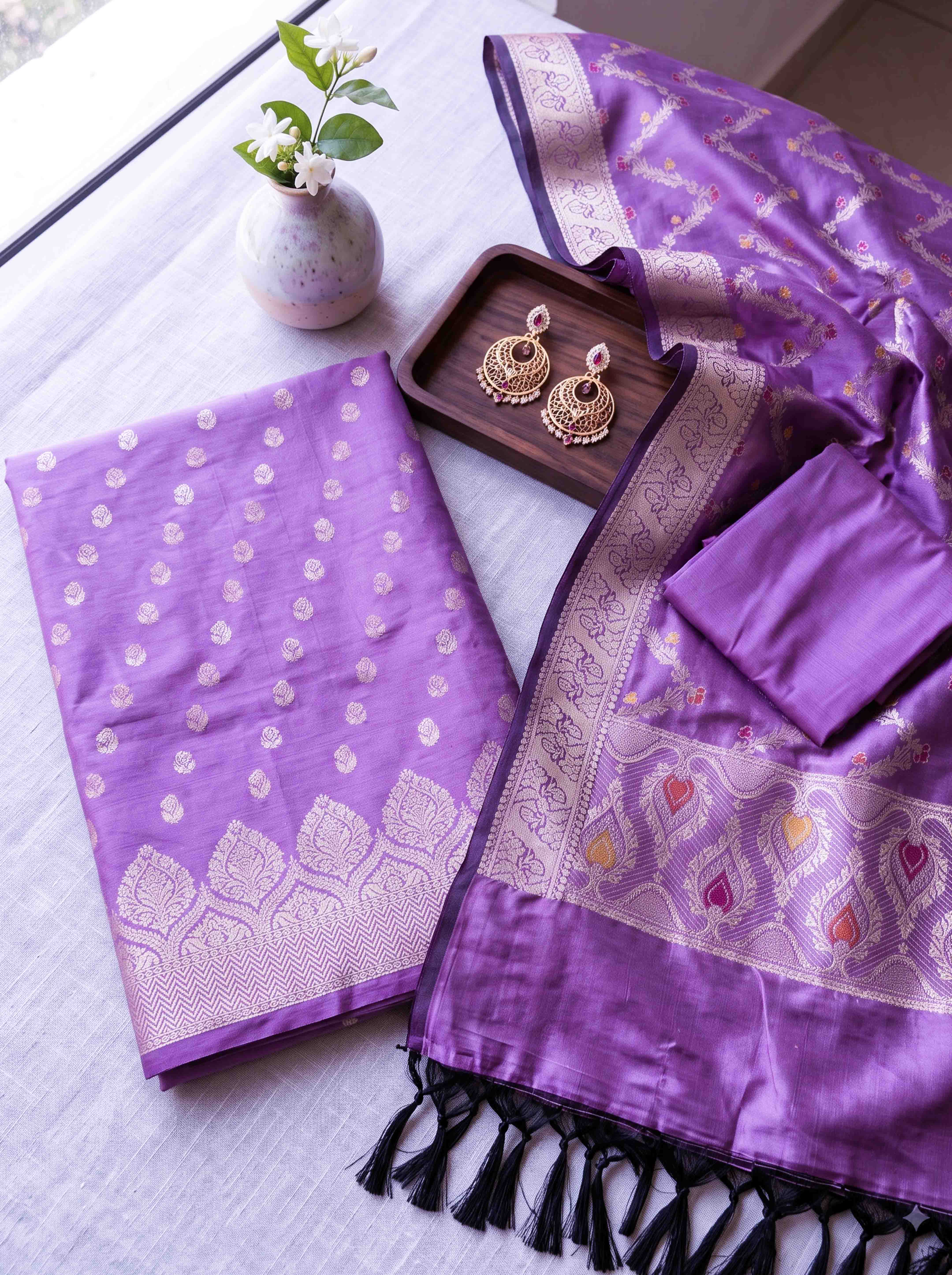 Banarasee Semi Katan Zari Work Salwar Kameez Fabric With Dupatta Set-Violet