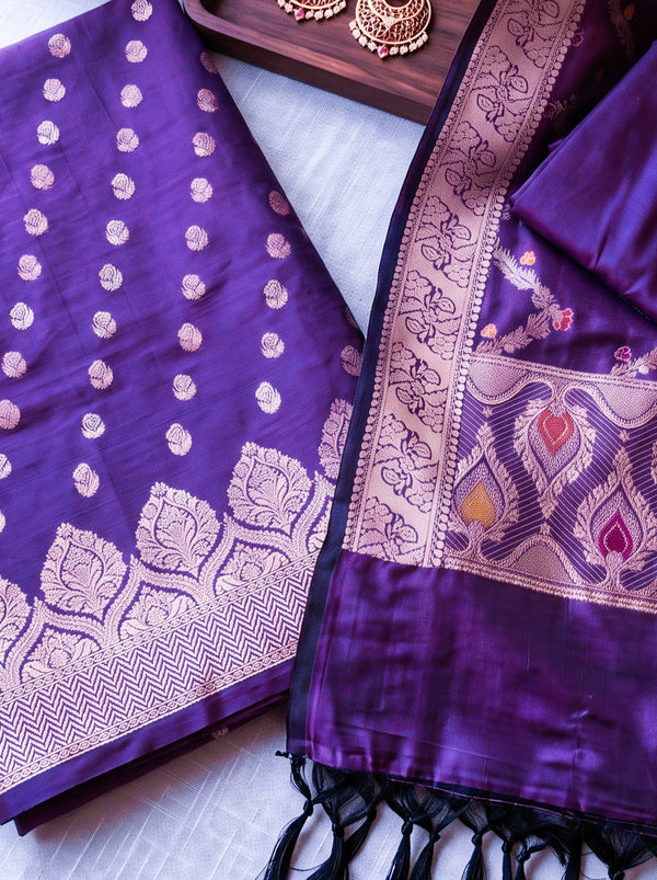 Banarasee Semi Katan Zari Work Salwar Kameez Fabric With Dupatta Set-Violet