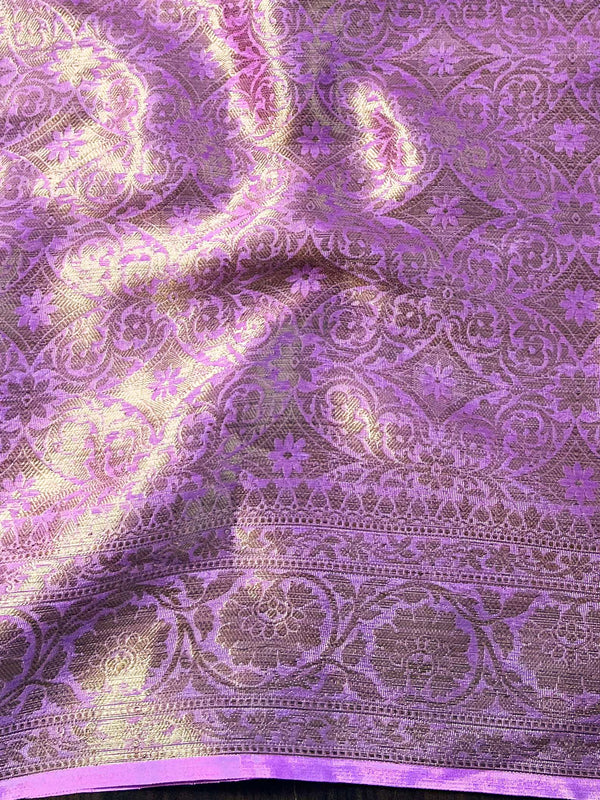 Banarasee Handwoven Semi Silk Plain Saree With Antique Zari Border-Pink