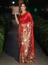 Banarasee Tissue Silk Saree With Zari Stripes & Resham Floral Embroidered Broad Border-Red