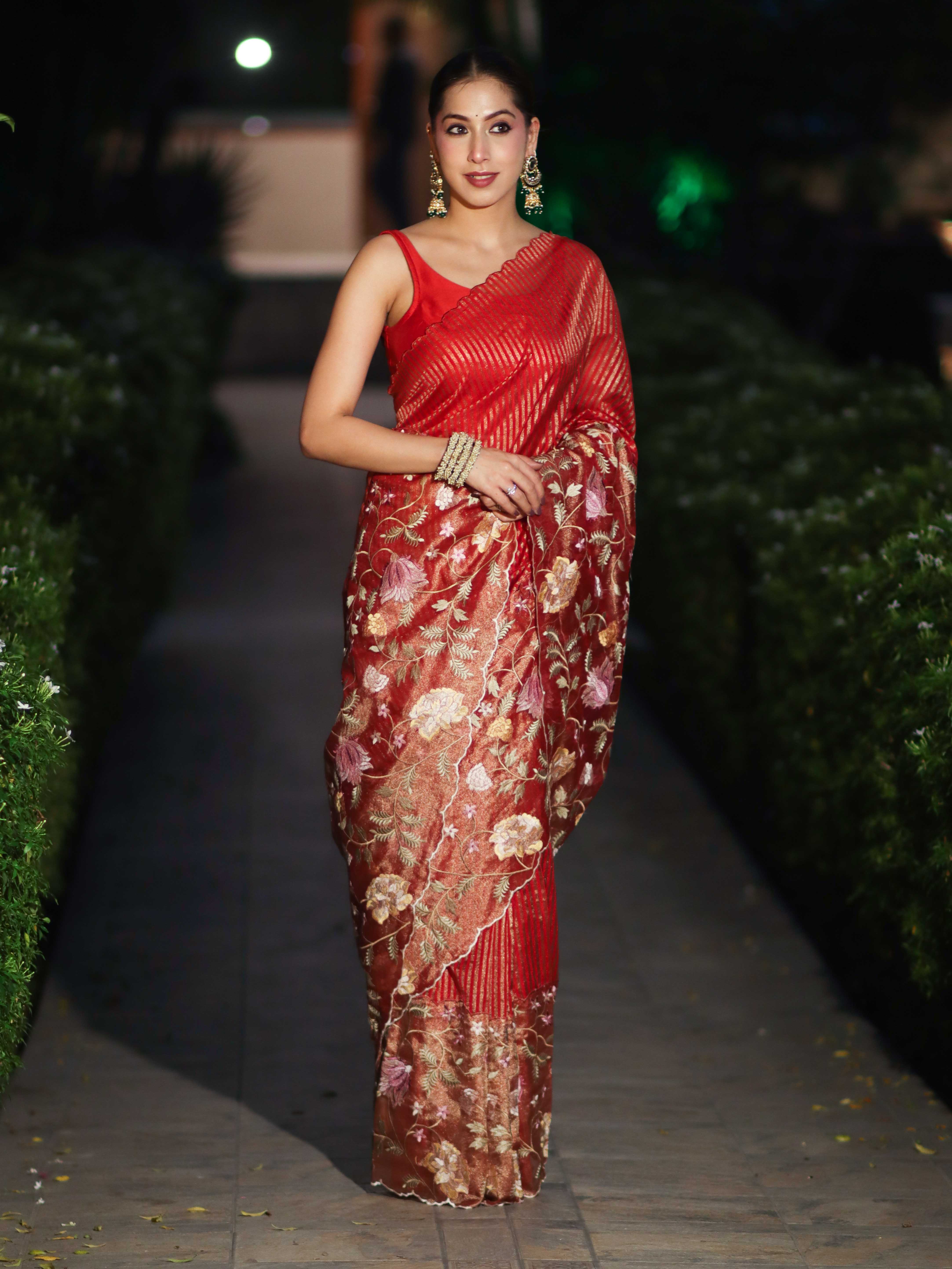 Banarasee Tissue Silk Saree With Zari Stripes & Resham Floral Embroidered Broad Border-Red