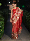 Banarasee Tissue Silk Saree With Zari Stripes & Resham Floral Embroidered Broad Border-Red