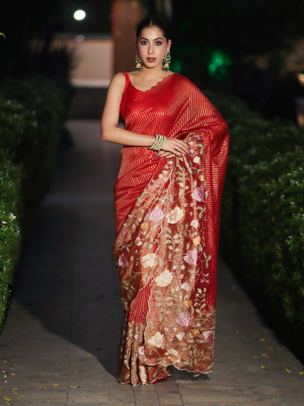 Banarasee Tissue Silk Saree With Zari Stripes & Resham Floral Embroidered Broad Border-Red