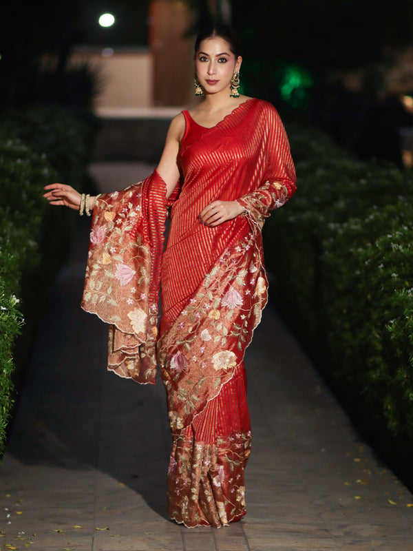 Banarasee Tissue Silk Saree With Zari Stripes & Resham Floral Embroidered Broad Border-Red