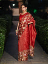 Banarasee Tissue Silk Saree With Zari Stripes & Resham Floral Embroidered Broad Border-Red