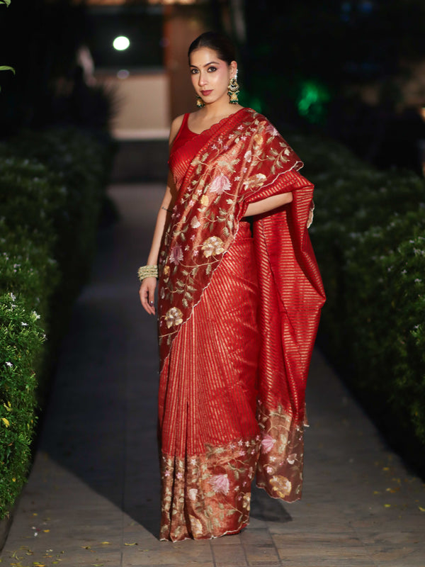 Banarasee Tissue Silk Saree With Zari Stripes & Resham Floral Embroidered Broad Border-Red