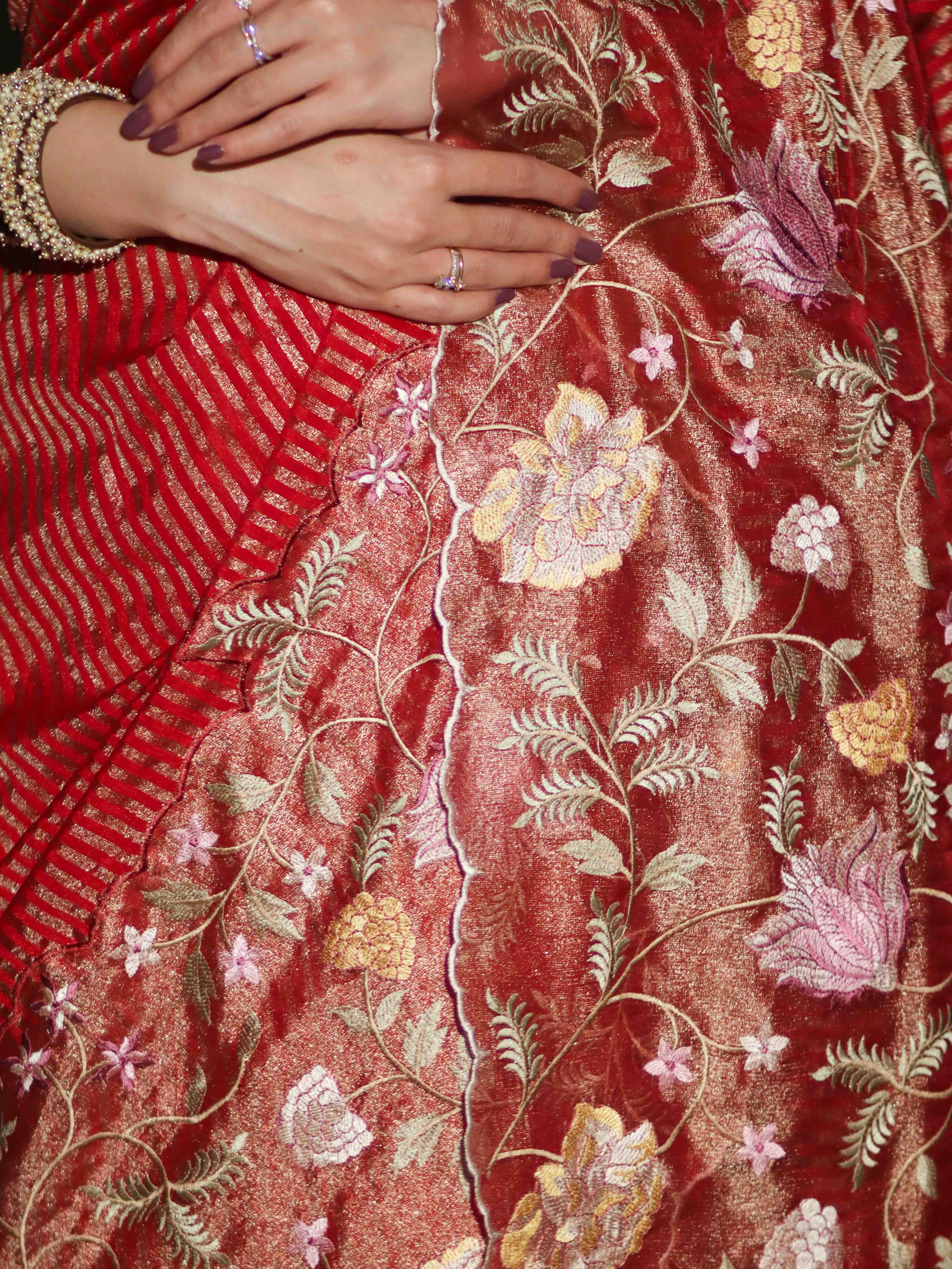 Banarasee Tissue Silk Saree With Zari Stripes & Resham Floral Embroidered Broad Border-Red