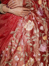 Banarasee Tissue Silk Saree With Zari Stripes & Resham Floral Embroidered Broad Border-Red