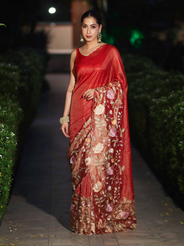 Banarasee Tissue Silk Saree With Zari Stripes & Resham Floral Embroidered Broad Border-Red