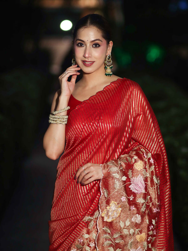 Banarasee Tissue Silk Saree With Zari Stripes & Resham Floral Embroidered Broad Border-Red