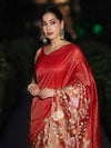 Banarasee Tissue Silk Saree With Zari Stripes & Resham Floral Embroidered Broad Border-Red