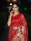 Banarasee Tissue Silk Saree With Zari Stripes & Resham Floral Embroidered Broad Border-Red