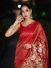 Banarasee Tissue Silk Saree With Zari Stripes & Resham Floral Embroidered Broad Border-Red