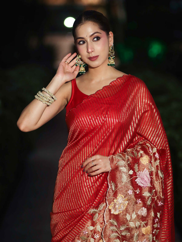 Banarasee Tissue Silk Saree With Zari Stripes & Resham Floral Embroidered Broad Border-Red