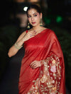 Banarasee Tissue Silk Saree With Zari Stripes & Resham Floral Embroidered Broad Border-Red