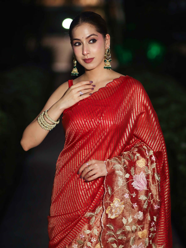 Banarasee Tissue Silk Saree With Zari Stripes & Resham Floral Embroidered Broad Border-Red